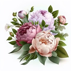 beautiful pink peonies flowers bouquet isolated on white background