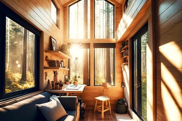 interior of wooden light tiny house with windows to sunny forest, created with generative ai