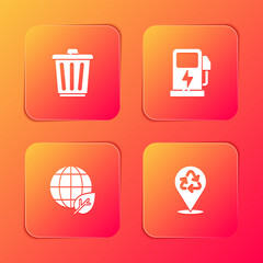 Set Trash can, Electric car charging station, Earth globe and leaf and Recycle icon. Vector