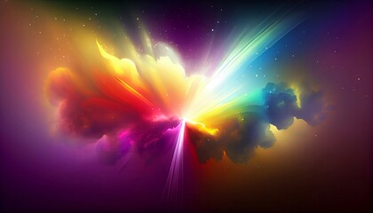 Fototapeta na wymiar Generative AI, Illustration, Rainbow Haze: Create a dreamy and ethereal image, with a rainbow-colored burst of light and energy