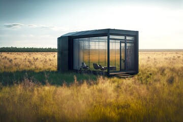 tiny house with panoramic glass wall in field, created with generative ai - obrazy, fototapety, plakaty