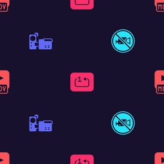 Set Prohibition no video recording, Cinema camera, Repeat track music player and MOV file on seamless pattern. Vector