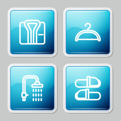 Set line Bathrobe, Hanger wardrobe, Shower and Sauna slippers icon. Vector