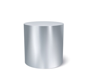 Podium silver steel cylinder, product stand or display, vector 3d. Silver metal podium or pedestal base background of platform pillar for luxury product display shelf