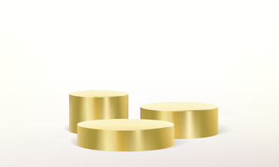Gold podium, 3d platform or golden pedestal stand for product display, vector metal pillar. Golden podium platform or pillar pedestal stand background for premium luxury product