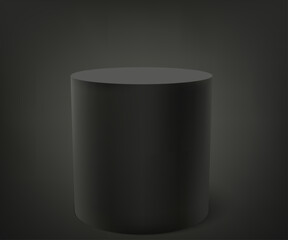 Black podium, product pedestal or column pillar, vector display showcase. 3D black blank pillar stand podium for cosmetic or premium product studio stand