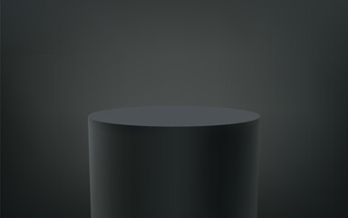 Black produck podium background, black pillar column or product display, vector 3d stand. Podium stage or cylinder base platform, pillar pedestal for product showroom or presentation display
