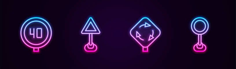 Set line Speed limit traffic, Triangle warning blank, Roundabout sign and Road. Glowing neon icon. Vector