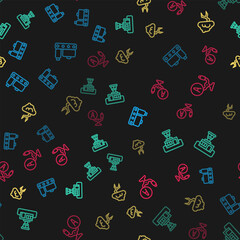 Set line Conveyor belt with suitcase, Airport control tower, Storm and Aircraft steering helm on seamless pattern. Vector