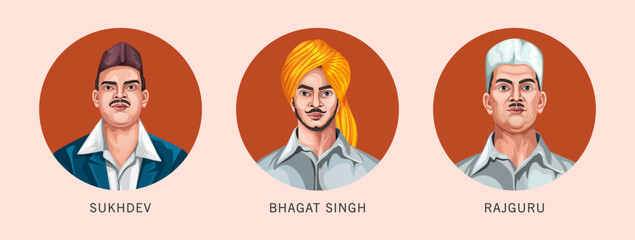 Indian freedom fighters Bhagat Singh, Sukhdev, and Rajguru vector illustration. Avatar for Martyr's Day, 23 march. © Meena