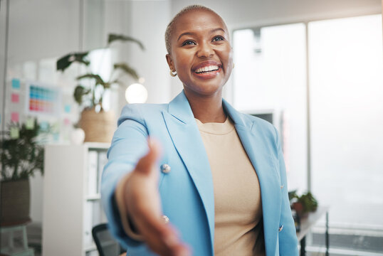 Black woman, handshake and business partnership for support, trust or deal in collaboration or meeting at office. African American female employee shaking hands for introduction interview or greeting