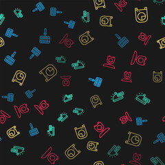 Set line Barbecue steel grid, Covered with tray of food, Kitchen timer and Scales on seamless pattern. Vector