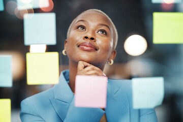 Vision, thinking and black woman with schedule, planning and agenda, sticky notes and bokeh...