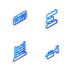Set Isometric line Toy building block bricks, Music synthesizer, Abacus and Trumpet icon. Vector
