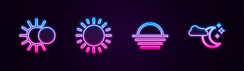 Set line Eclipse of the sun, Sun, Sunset and Cloud with moon and stars. Glowing neon icon. Vector