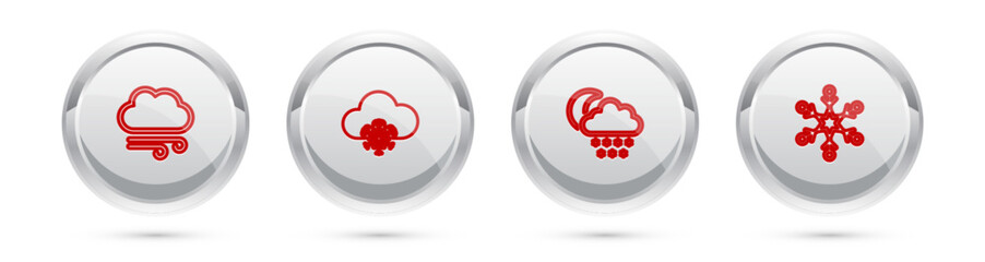 Set line Windy weather, Cloud with snow, and moon and Snowflake. Silver circle button. Vector