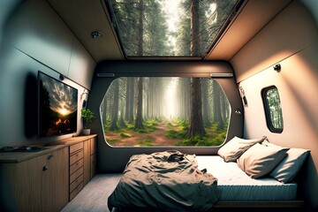 interior bedroom trailer tiny house for travel with forest panorama, created with generative ai - obrazy, fototapety, plakaty