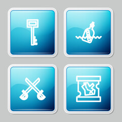 Set line Pirate key, Bottle with message in water, Crossed pirate swords and treasure map icon. Vector