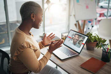 Laptop, video call and a business black woman in her office, talking during a virtual meeting with...