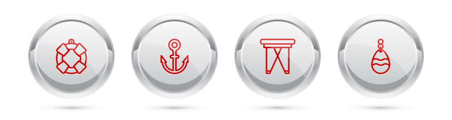 Set line Lifebuoy, Anchor, Folding chair and Fishing spoon. Silver circle button. Vector