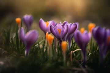 Krokusse im Frühling auf einer Wiese - Nahaufnahme von Krokus Blumen 