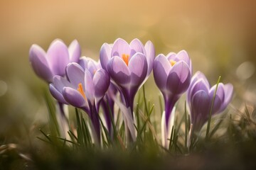 Krokusse im Frühling auf einer Wiese - Nahaufnahme von Krokus Blumen 