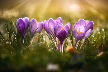 Krokusse im Fr&uuml;hling auf einer Wiese - Nahaufnahme von Krokus Blumen 