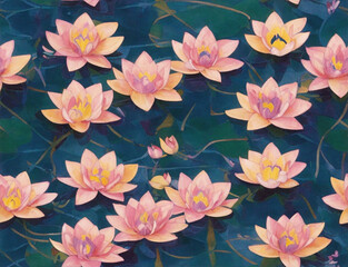 Fototapeta na wymiar Seamless pattern with lotuses in the pond. Decorative painting, Generative AI