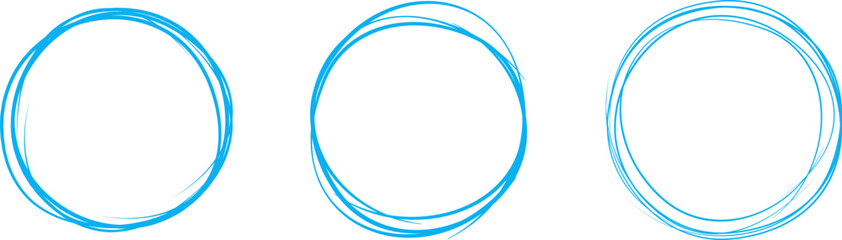 Blue circle line hand drawn set. Highlight hand drawing circle isolated on background. Round handwritten circle. For marking text, note, mark icon, number, marker pen, pencil and text check, vector