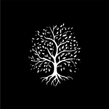 Tree with leaves silhouette icon, knowledge symbol, education abstract sign, lumberjack logo concept, carpentry logotype, t-shirt print, life symbol on black background. Isolated vector illustration
