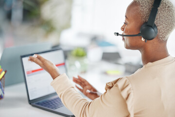 Black woman, call center and consulting with headphones on laptop for customer service or support...