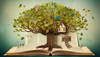 a treehouse built around a giant book. Generative ai