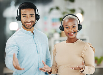 Business people, call center and portrait smile for teamwork collaboration in customer service at...