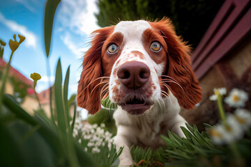 Irish red and white setter puppy playing outdoors, Generative AI