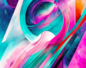 Bright flowing geometric abstraction watercolor background with turquoise and pink shapes. Generative AI art painting illustration.	