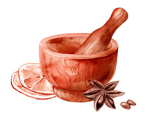 Star anise, orange and mortar. Hand drawn watercolor painting isolated on white background