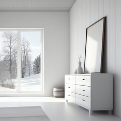 White empty minimalist room interior with dresser on a wooden floor, decor on a large wall, white landscape in window. Background interior. Home noridc interior. 3D illustration