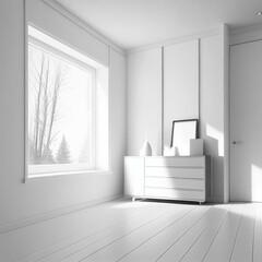 Fototapeta premium White empty minimalist room interior with dresser on a wooden floor, decor on a large wall, white landscape in window. Background interior. Home noridc interior. 3D illustration