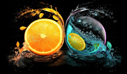 Orange and Lemon in water splash.
