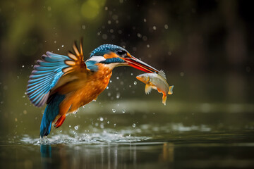 Common European Kingfisher. River kingfisher flying after emerging from water with caught fish prey in beak on green natural background. digital ai art