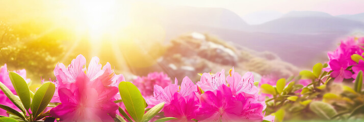 Fototapeta na wymiar Blooming rhododendron in the mountains. Attractive summer sunrise with pink rhododendron flowers. Vibrant photo wallpaper. Image of exotic landscape. digital ai art