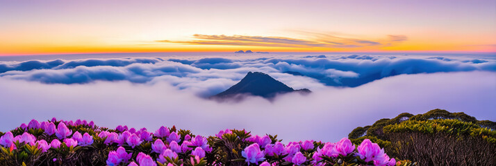 Blooming rhododendron in the mountains above the clouds. Vibrant photo wallpaper. Image of exotic landscape. digital ai art