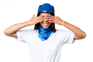 Airplane stewardess African american woman over isolated background covering eyes by hands