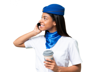 Airplane stewardess African american woman over isolated background holding coffee to take away and a mobile