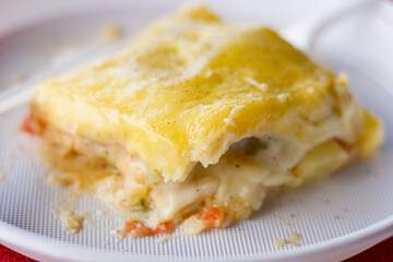 Piece of lasagne on disposable plastic plate