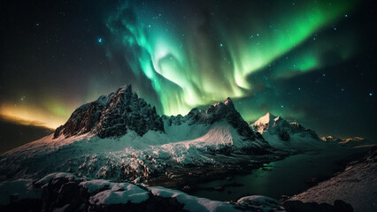 Fototapeta na wymiar Amazing view of the night sky with northern light over icy mountain and snow, aurora borealis