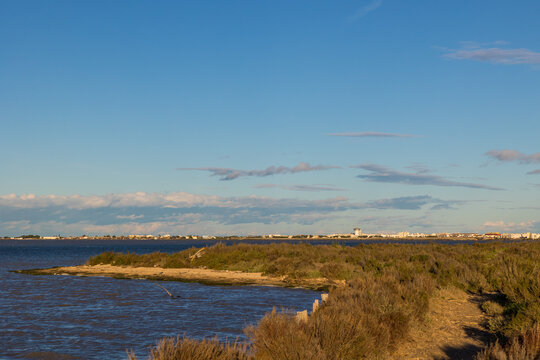 Vue sur Palavas-les-Flots depuis l'Esclavon, &icirc;lot sur l'&eacute;tang de l'Arnel