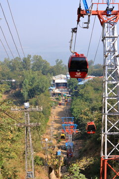 December 24 2022 - Pavagadh, Gujarat, India: Cable car to Shree Mahakali Mataji Temple