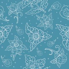 Fototapeta na wymiar Cute seamless pattern with scattered white flowers on blue background. simple girly print. Painting illustration.
