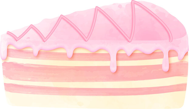 Piece of strawberry cream cake in watercolors style